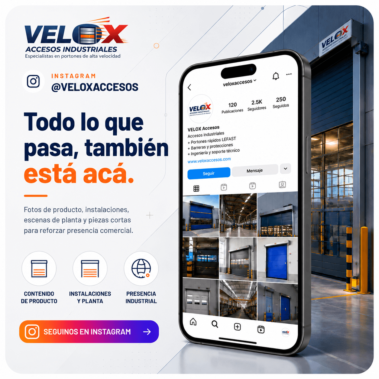Pieza promocional de Instagram de VELOX Accesos Industriales.