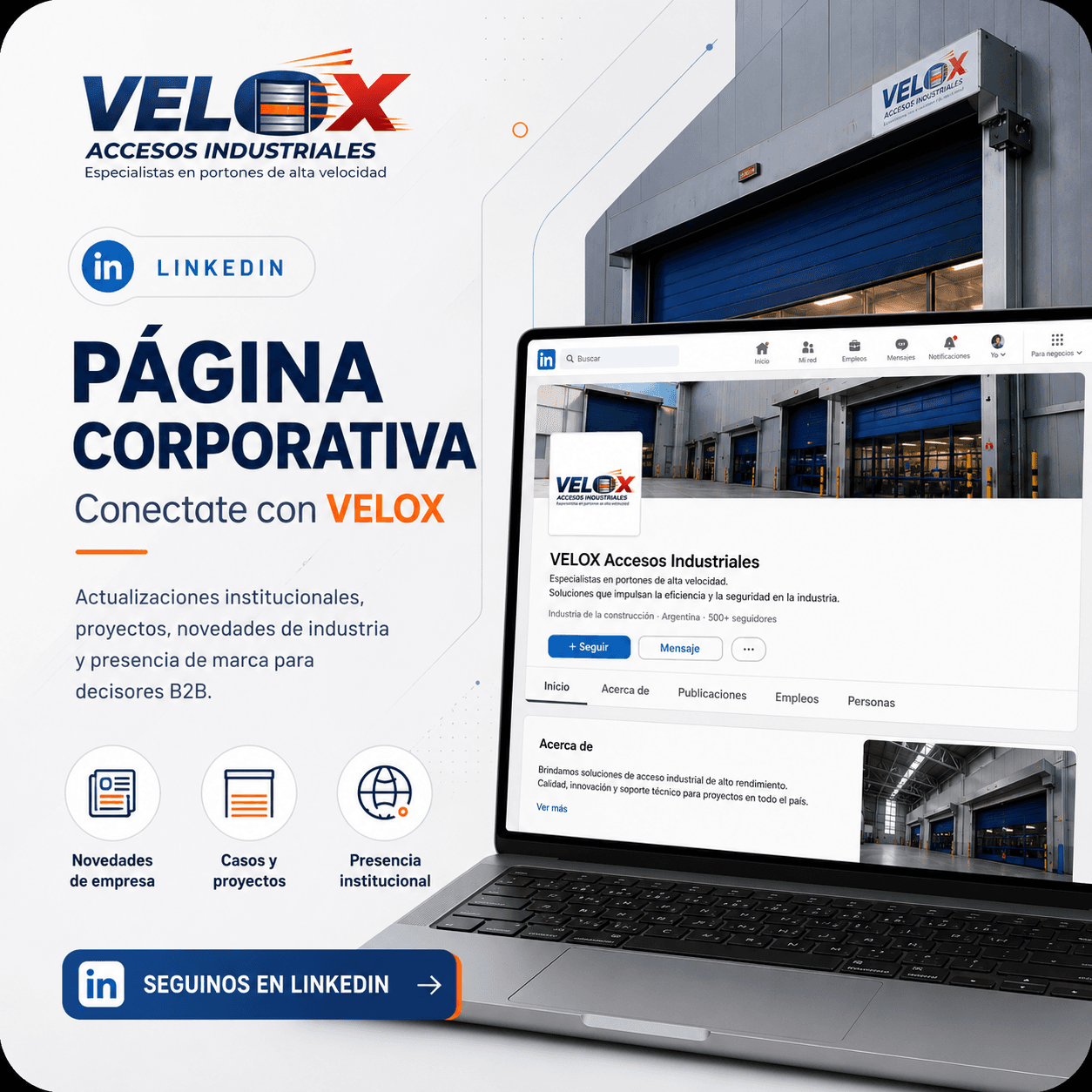 Pieza promocional de LinkedIn de VELOX Accesos Industriales.